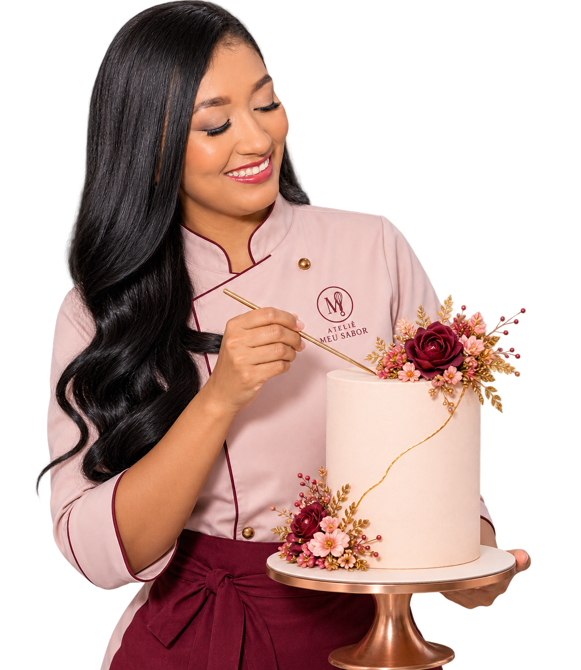 Dayane, confeiteira do Ateliê Meu Sabor, decorando um bolo artesanal